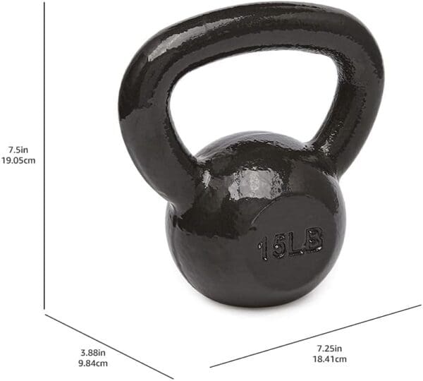 A black kettlebell is shown with measurements.