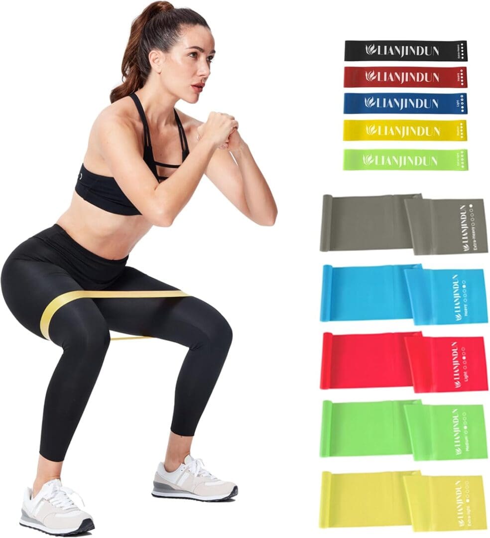 A woman squatting with many different colored bands