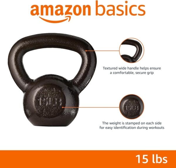 A black kettlebell is shown with the words " amazon basics ".