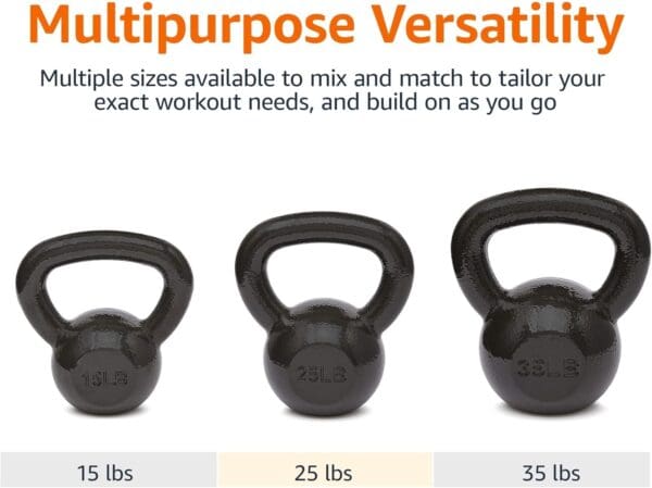 A picture of different sizes of kettlebells.