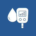 A blood glucose meter next to a drop of water.