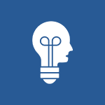 A blue and white icon of a light bulb